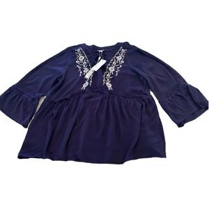 New Spense Embroidered Lace Up Neck Top Babydoll Boho Navy XL Cutout Sleeve